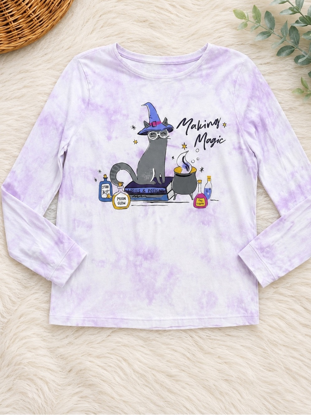 Lands' End Girls Lavender Tie-Dye 'Making Magic' Cat Witch Long Sleeve Tee XL